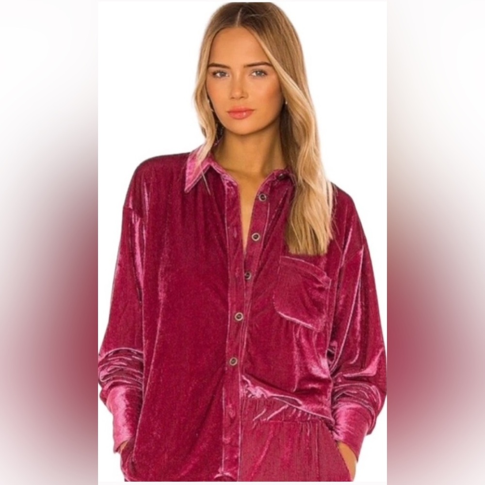 Free People Kit Kat Velour Long Sleeve Button Up Blouse- Fairytale Pink Size XL